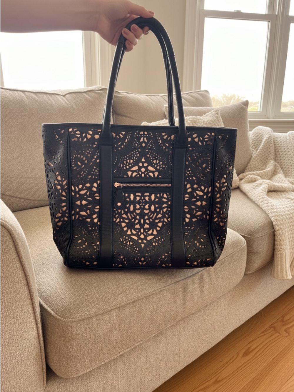 ALDO Black Laser-Cut Tote Bag with Nude Lining